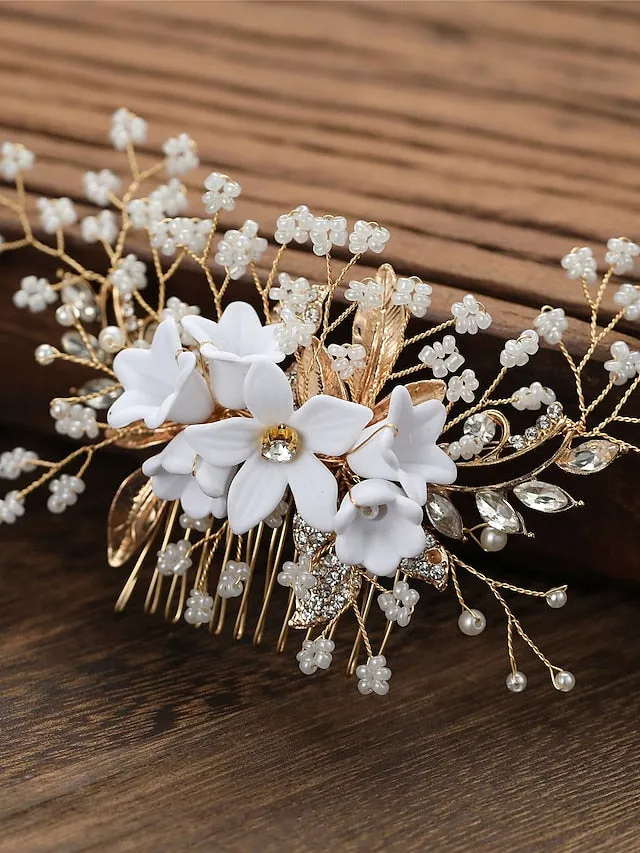 1 Pc Flower Crystal Brides Wedding Hair Comb Elegant Silver Hair Accessories with white Ceramic Flower Pearl Bridal Side Combs Headpiece for Women for Women