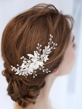 1 Pc Flower Crystal Brides Wedding Hair Comb Elegant Silver Hair Accessories with white Ceramic Flower Pearl Bridal Side Combs Headpiece for Women for Women