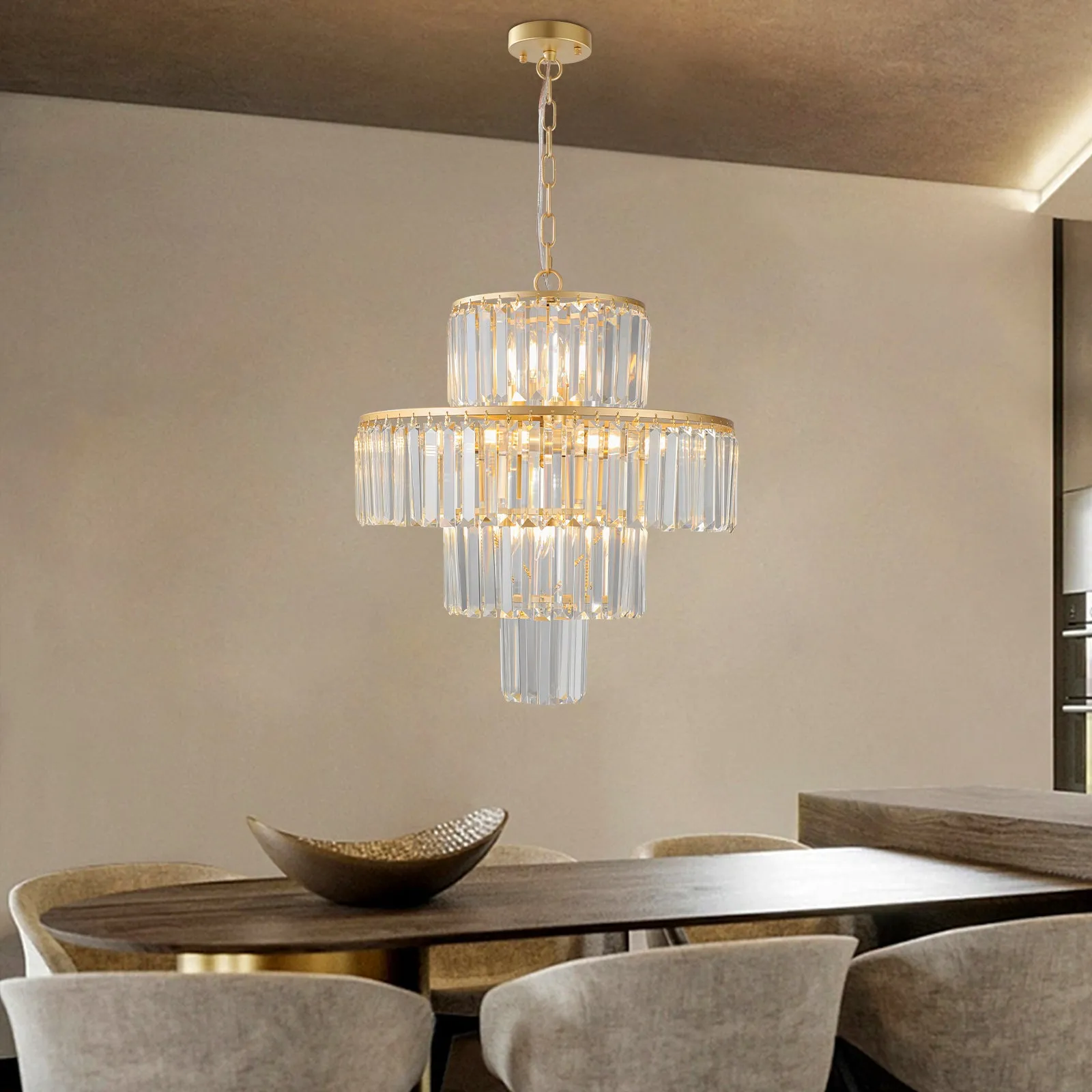 19.7" Luxury K9 Crystal Chandelier Modern Gold Chain Chandelier 4 Tier Crystal Chandelier