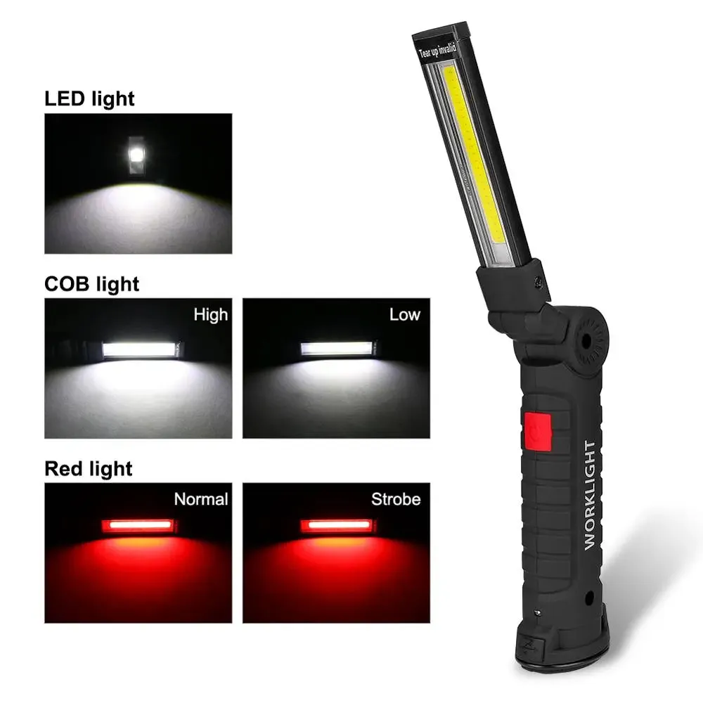 2 Pcs Magnetic LED Flashlight USB Rechargeable 1 Big 1 Samll Work Inspection Light 5 Mode COB Lantern Hanging Hook Torch