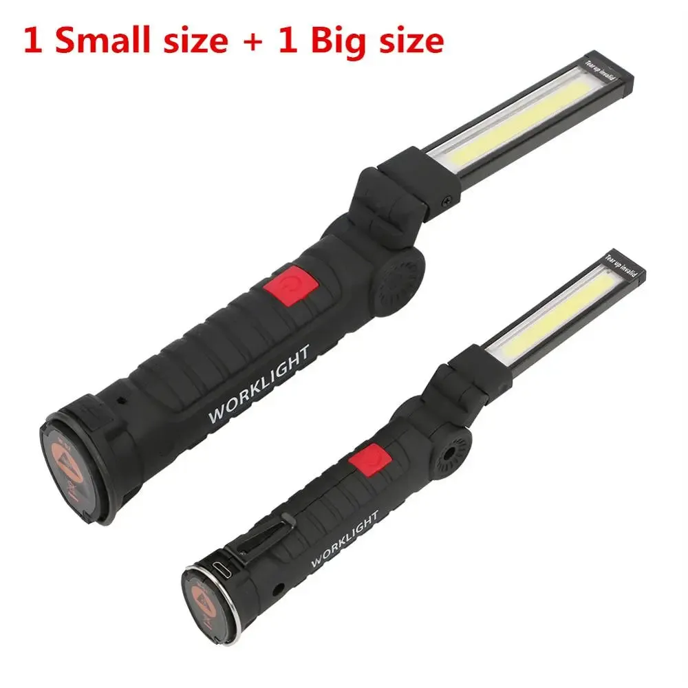 2 Pcs Magnetic LED Flashlight USB Rechargeable 1 Big 1 Samll Work Inspection Light 5 Mode COB Lantern Hanging Hook Torch