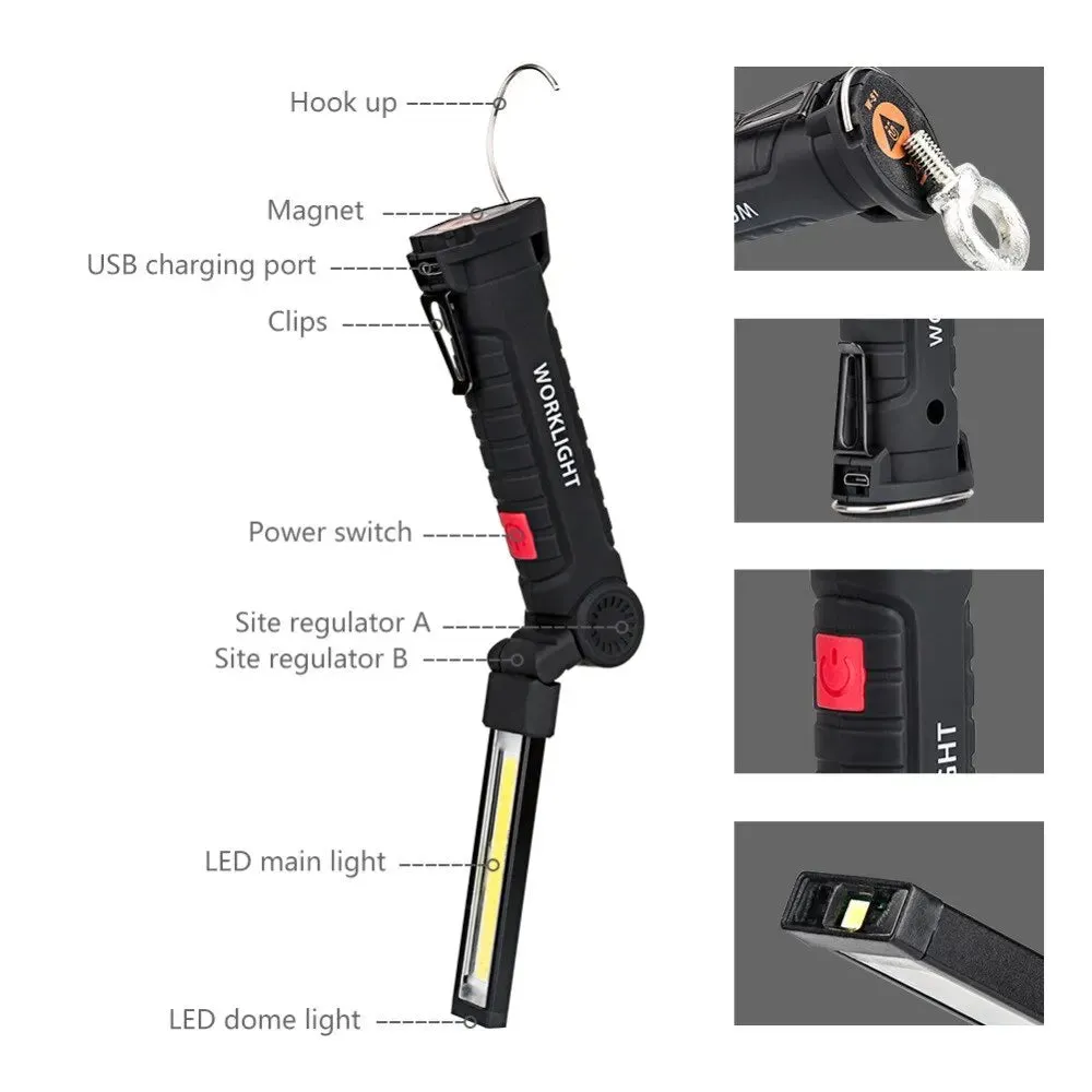 2 Pcs Magnetic LED Flashlight USB Rechargeable 1 Big 1 Samll Work Inspection Light 5 Mode COB Lantern Hanging Hook Torch