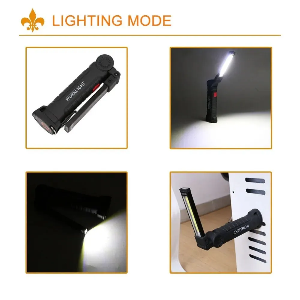 2 Pcs Magnetic LED Flashlight USB Rechargeable 1 Big 1 Samll Work Inspection Light 5 Mode COB Lantern Hanging Hook Torch