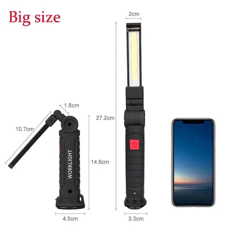 2 Pcs Magnetic LED Flashlight USB Rechargeable 1 Big 1 Samll Work Inspection Light 5 Mode COB Lantern Hanging Hook Torch