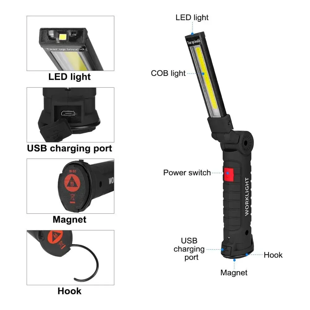 2 Pcs Magnetic LED Flashlight USB Rechargeable 1 Big 1 Samll Work Inspection Light 5 Mode COB Lantern Hanging Hook Torch