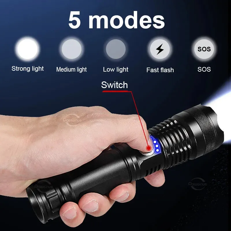 2023 XHP360 LED Ultra Powerful Flashlight Type-C Rechargeable LED Lantern 60W High Power LED Flashlight Camping Long Shot Torch