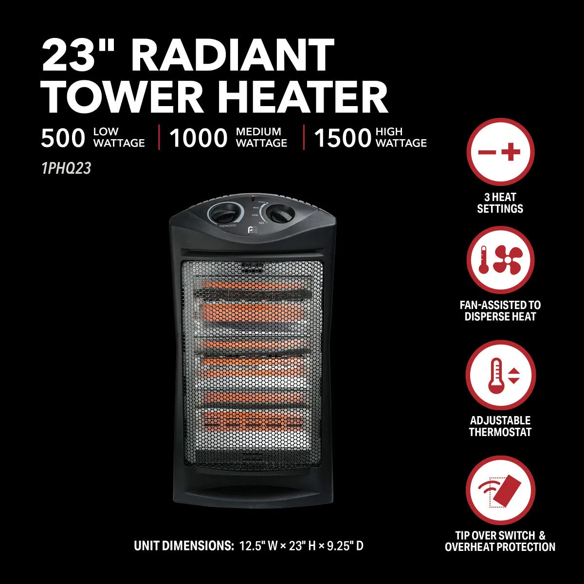 23" 1500/750W Infrared Radiant Tower Heater