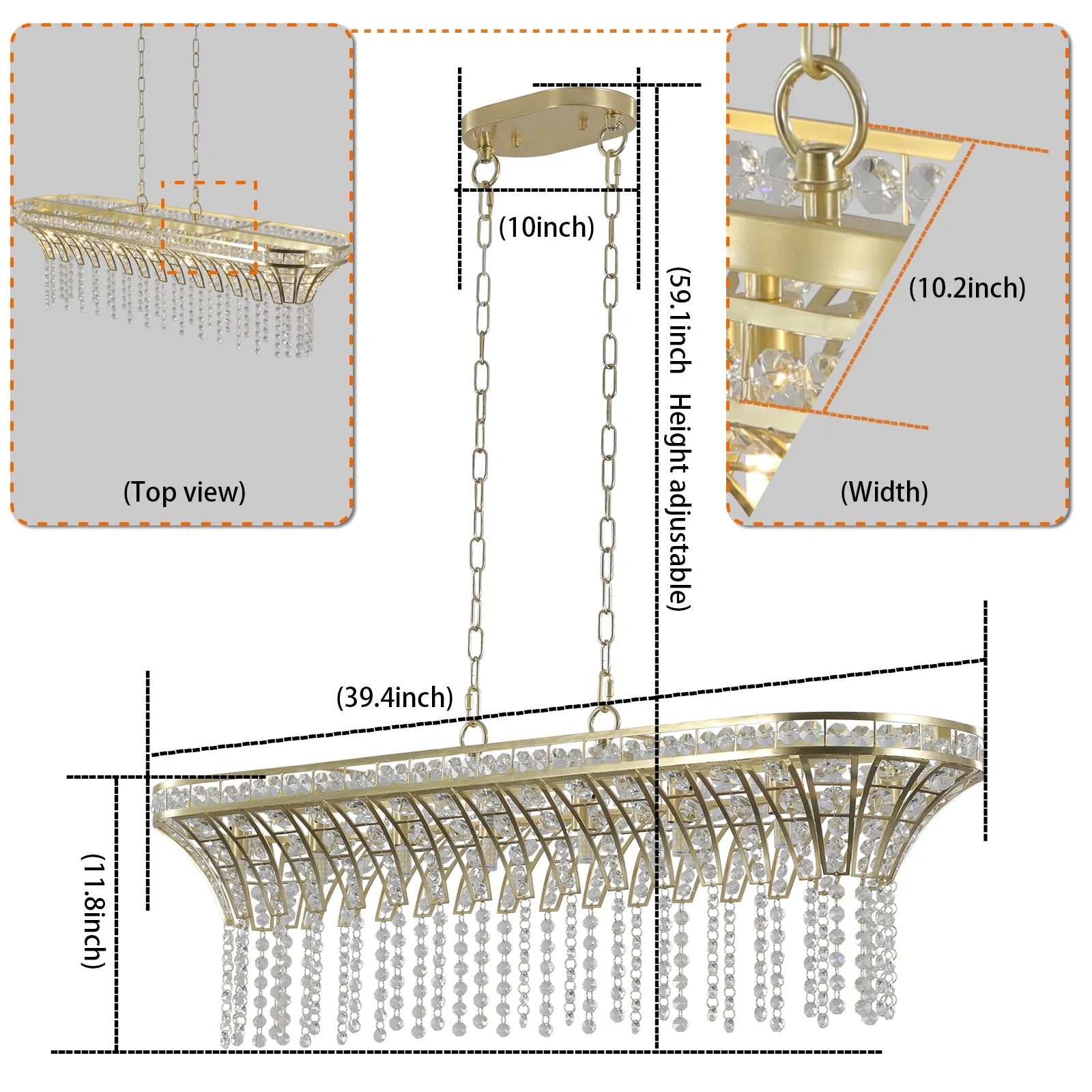 39.4" Modern Luxurious Champagne Gold Crystal Chandelier Oval Kitchen Island Light Chain Chandelier