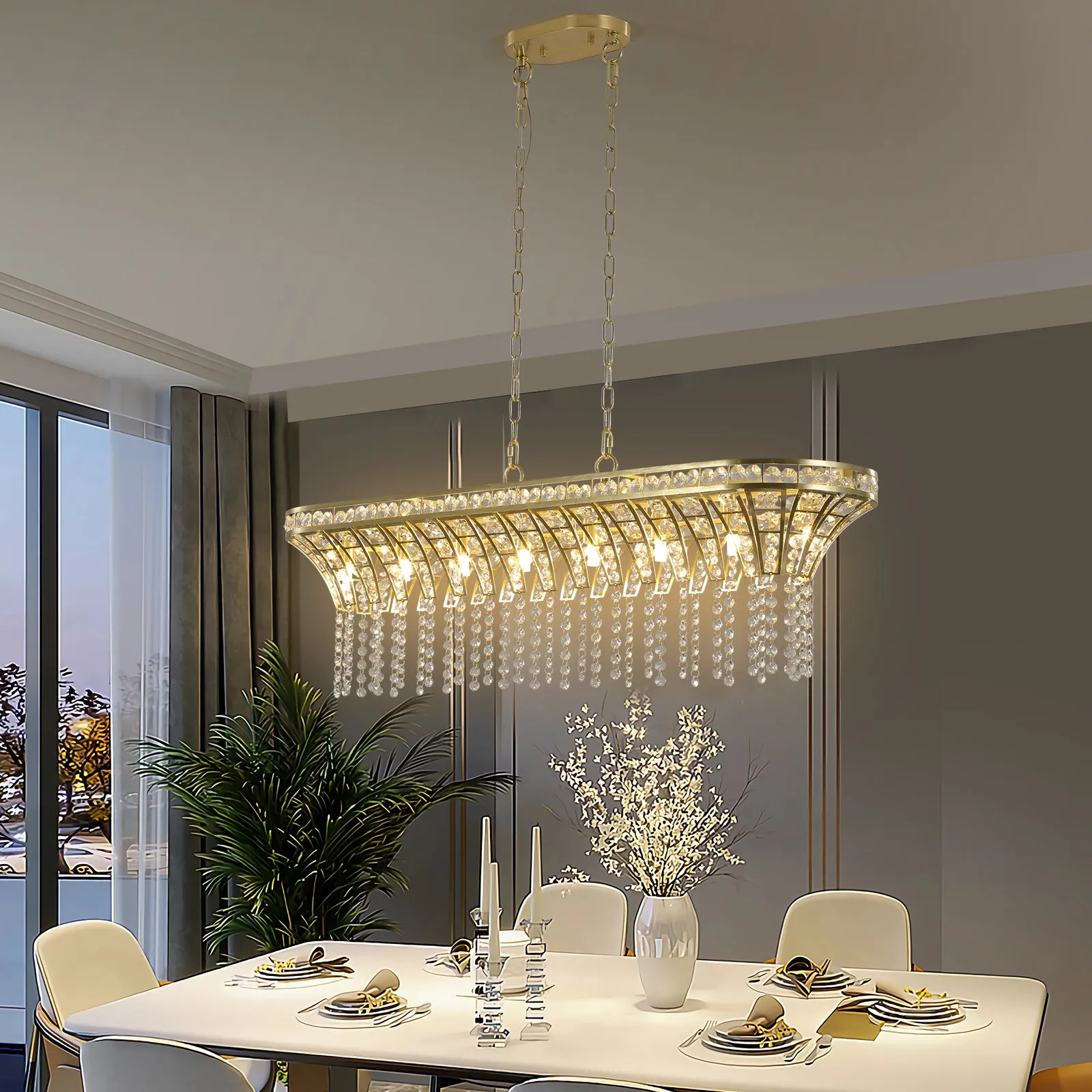 39.4" Modern Luxurious Champagne Gold Crystal Chandelier Oval Kitchen Island Light Chain Chandelier