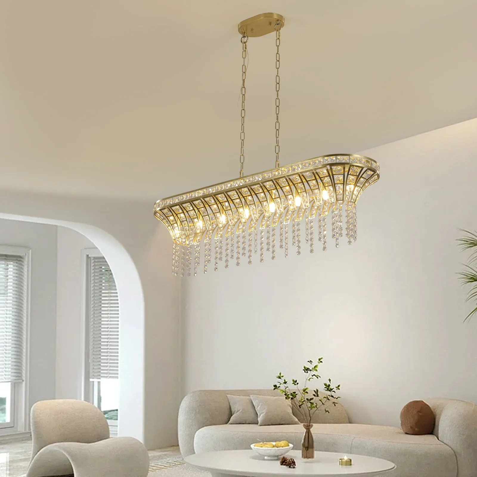 39.4" Modern Luxurious Champagne Gold Crystal Chandelier Oval Kitchen Island Light Chain Chandelier