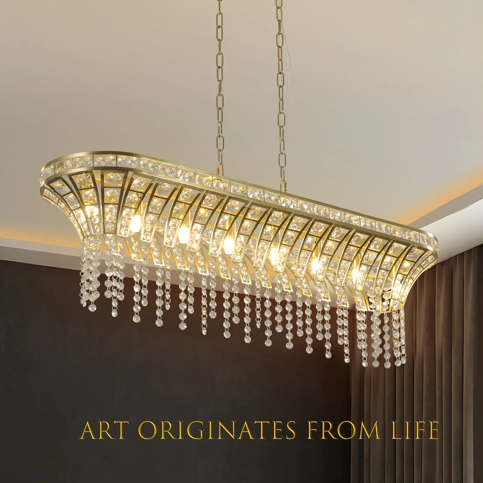 39.4" Modern Luxurious Champagne Gold Crystal Chandelier Oval Kitchen Island Light Chain Chandelier