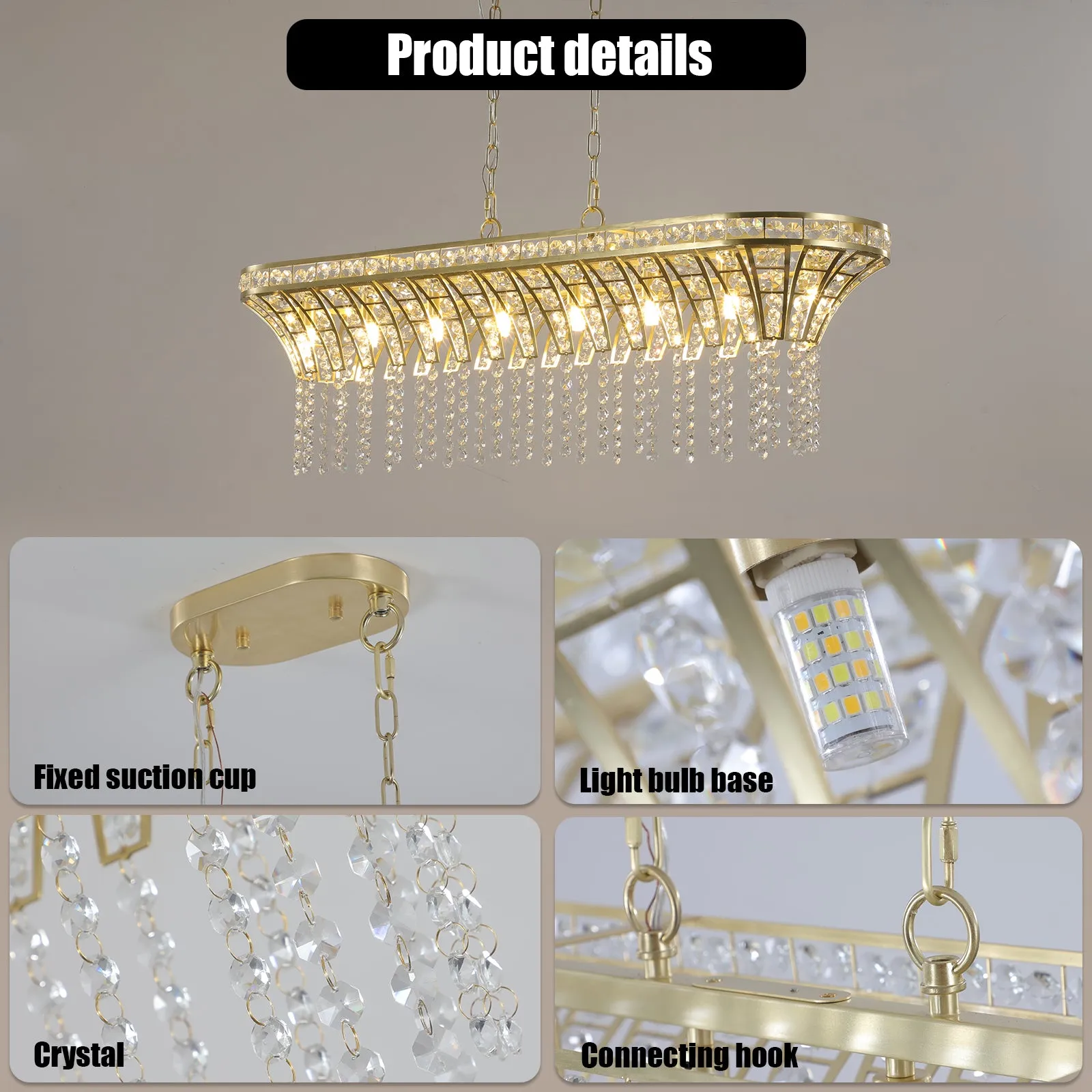 39.4" Modern Luxurious Champagne Gold Crystal Chandelier Oval Kitchen Island Light Chain Chandelier