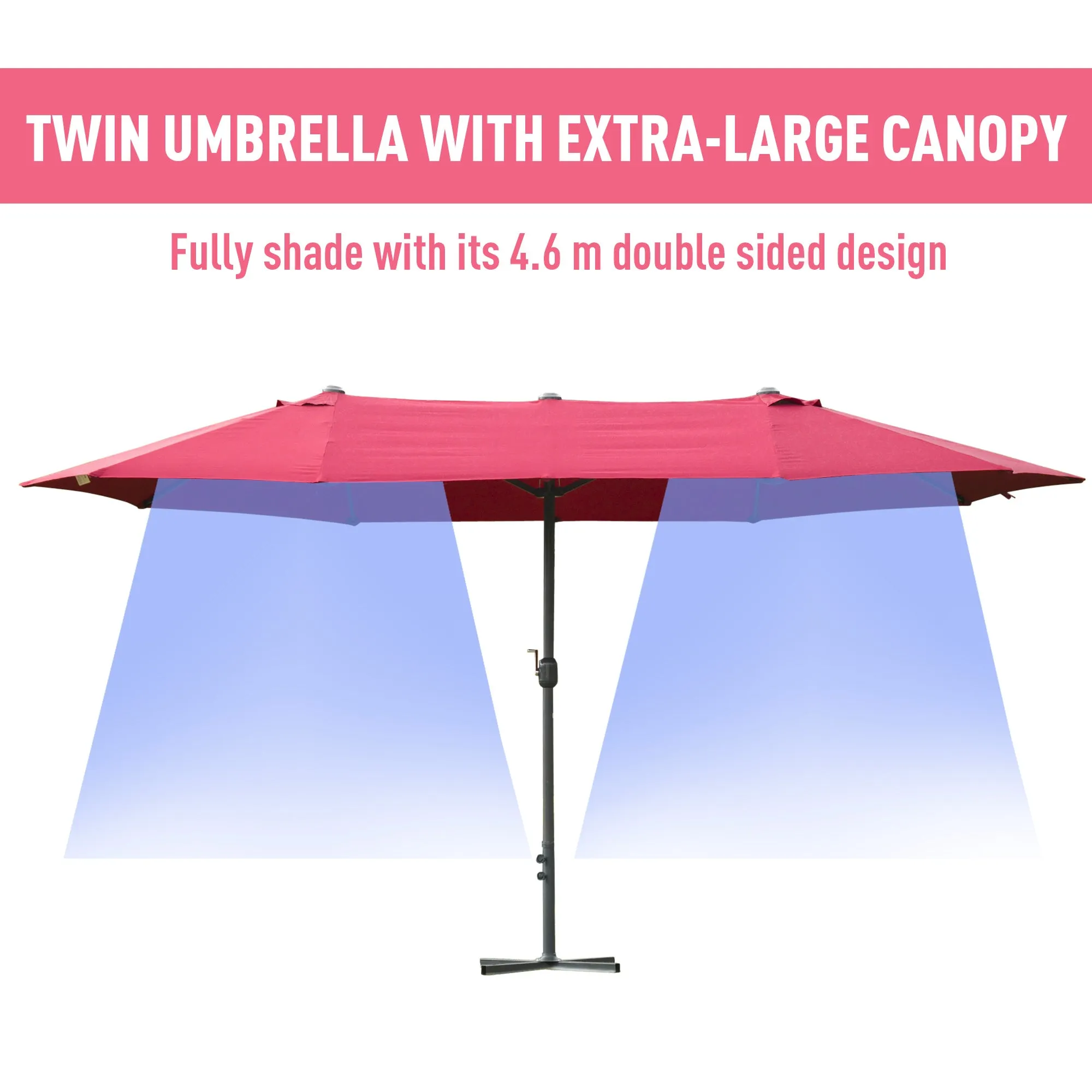 4.6m Garden Parasol Double-Sided Sun Umbrella Patio Market Shelter Canopy Shade Outdoor Wine Red