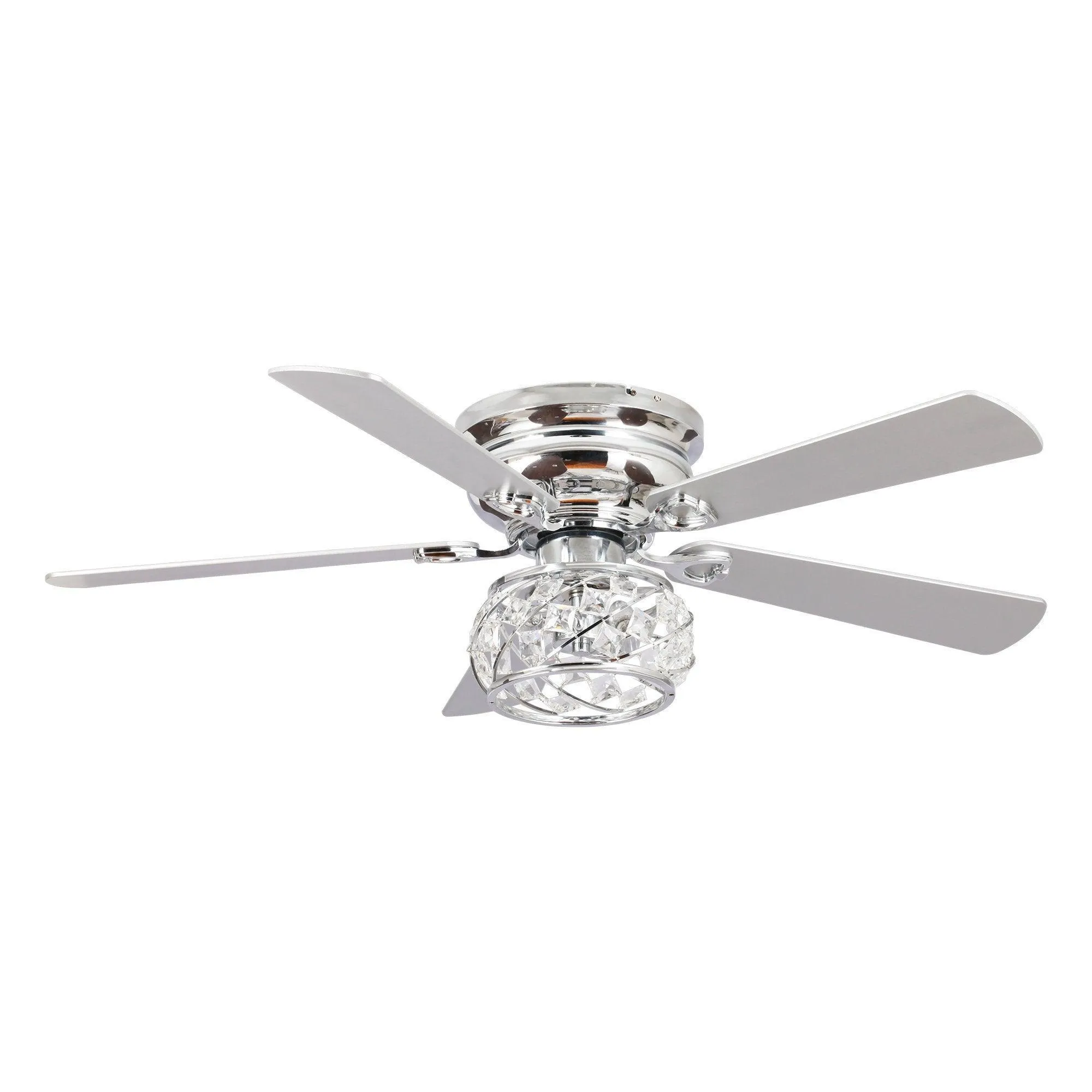 48" Modern Chrome Flush Mount Reversible Crystal Ceiling Fan with Lighting and Remote Control