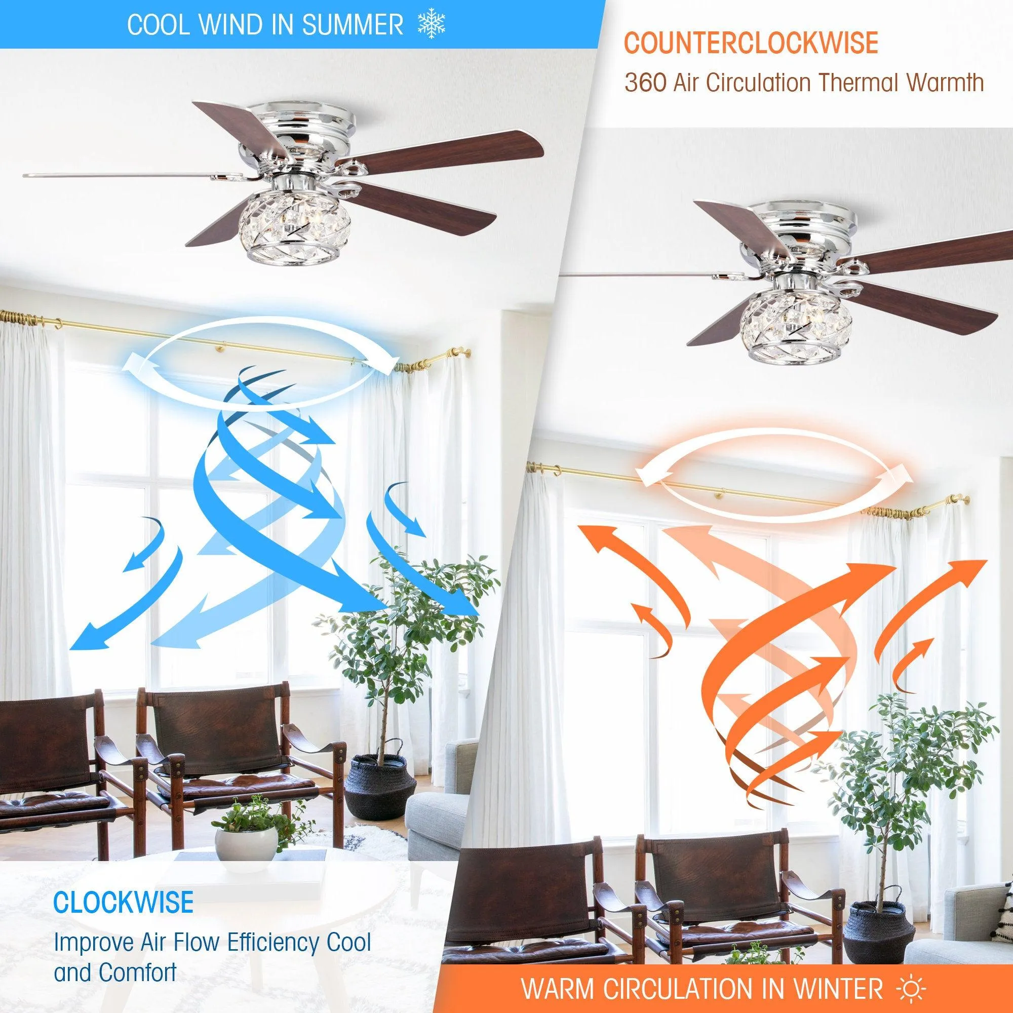 48" Modern Chrome Flush Mount Reversible Crystal Ceiling Fan with Lighting and Remote Control