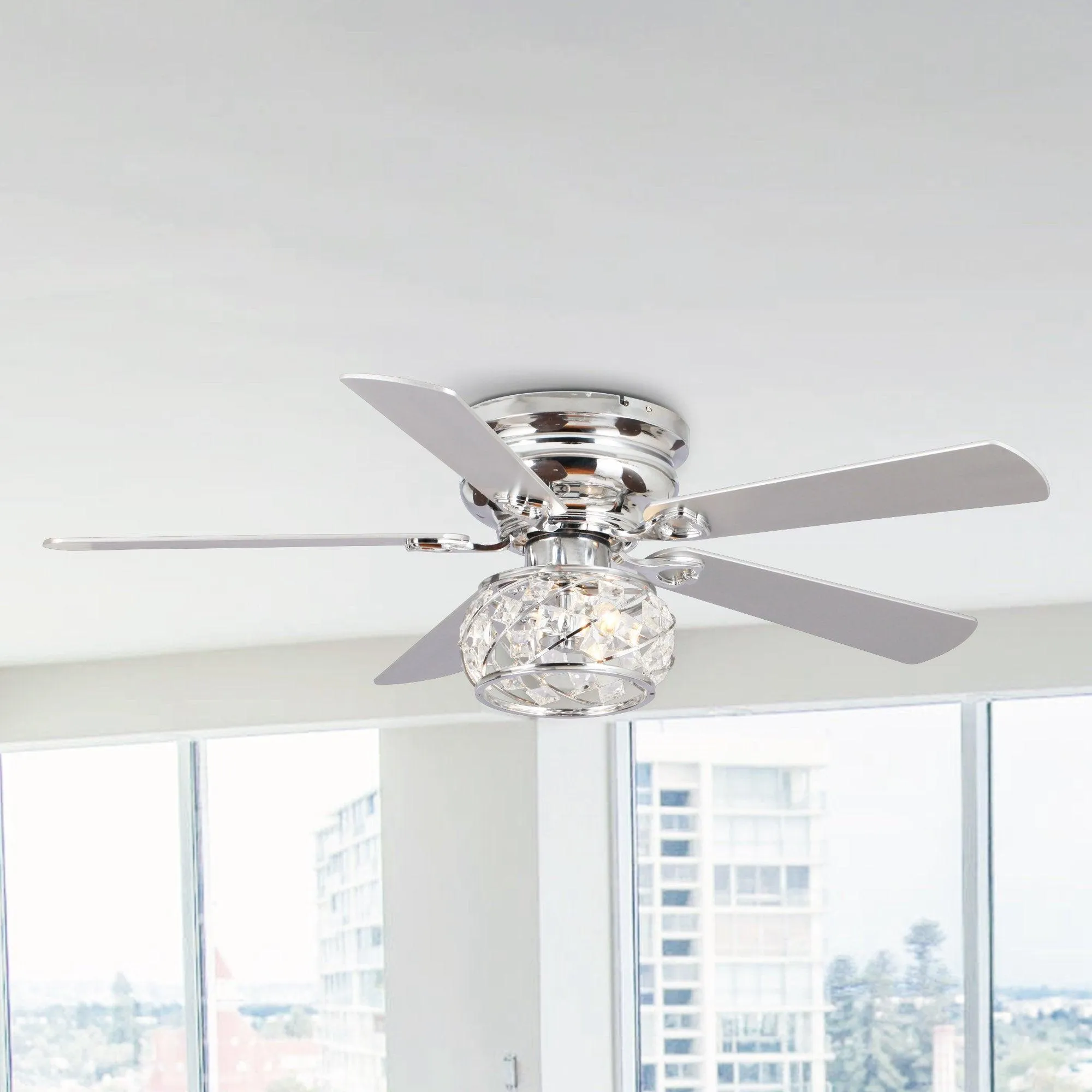 48" Modern Chrome Flush Mount Reversible Crystal Ceiling Fan with Lighting and Remote Control