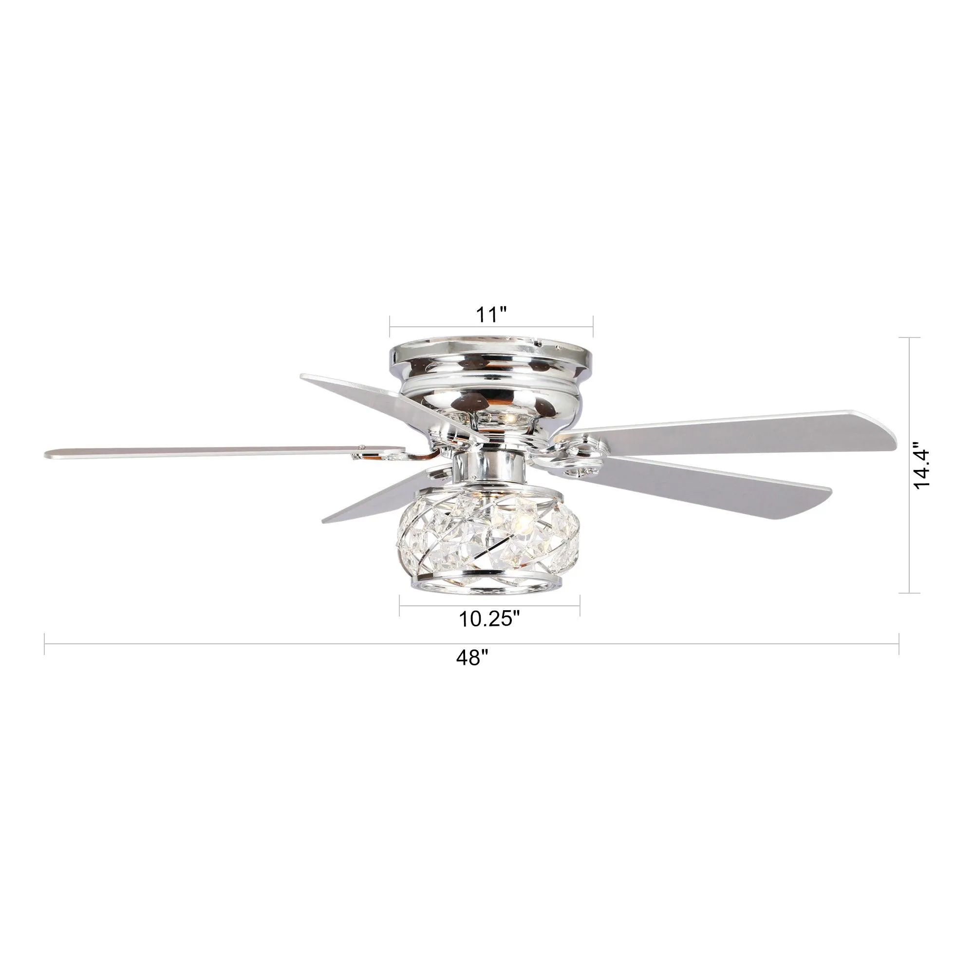 48" Modern Chrome Flush Mount Reversible Crystal Ceiling Fan with Lighting and Remote Control