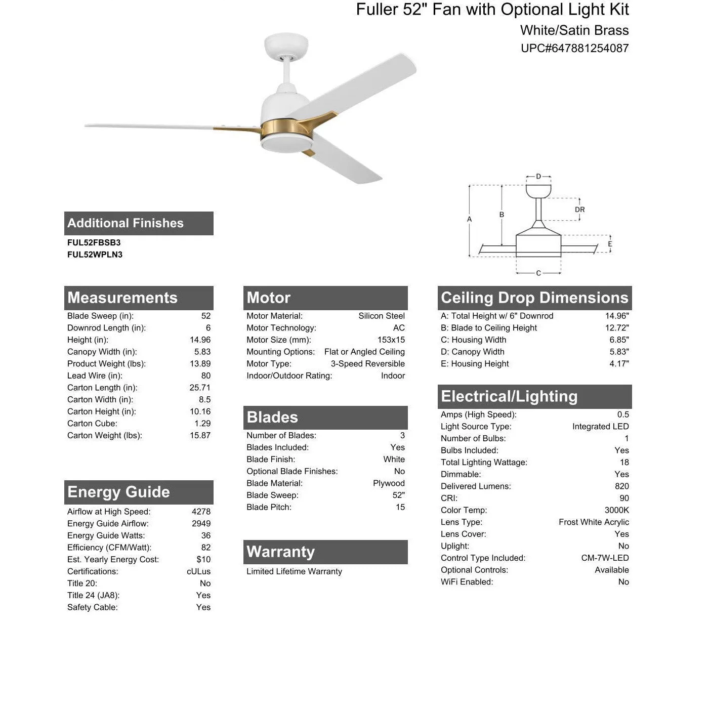 52" Fuller in White/Satin Brass w/ White Blades