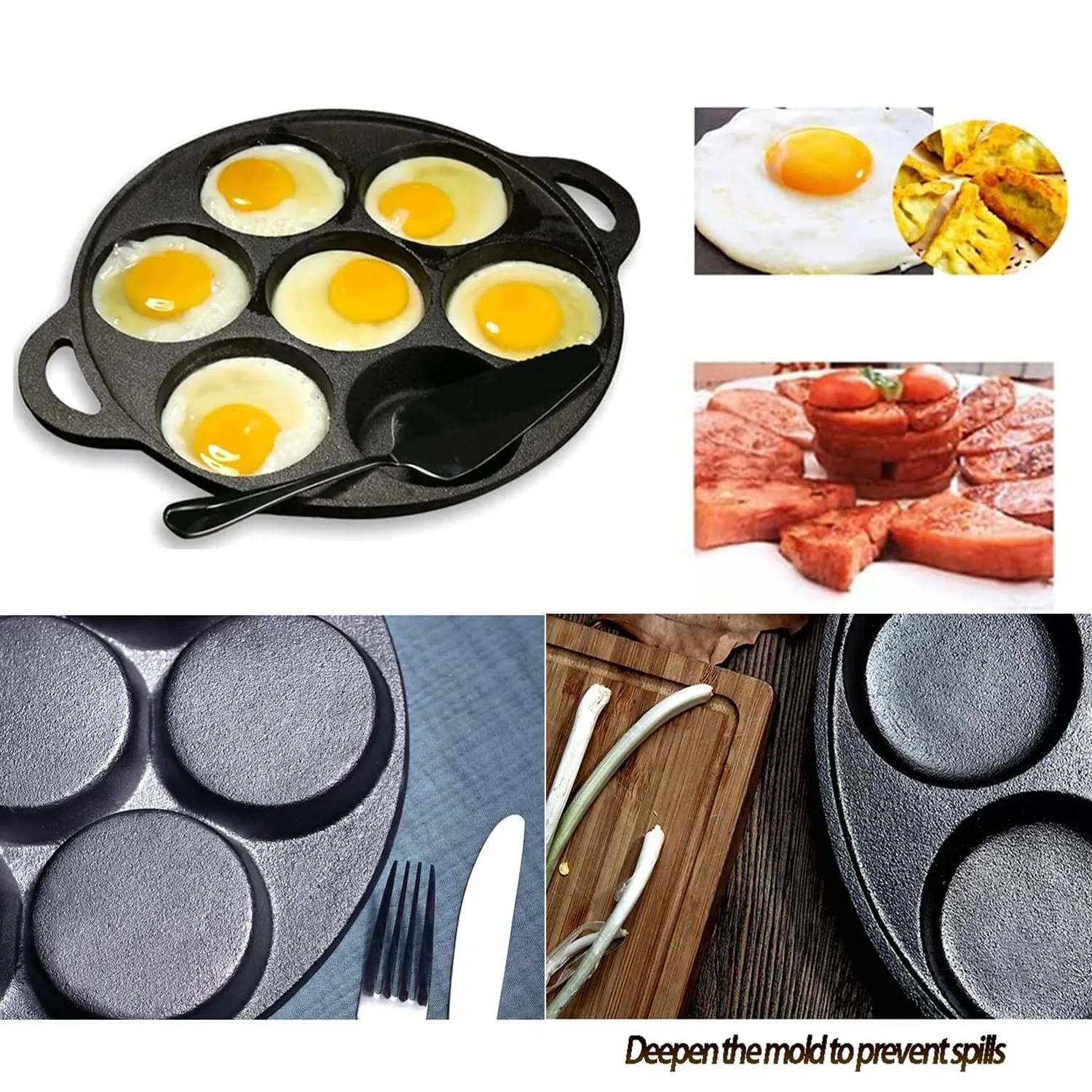 7 Cup Cast Iron Egg Fry Pan w/ 4 Compartments, 100% Cast Iron