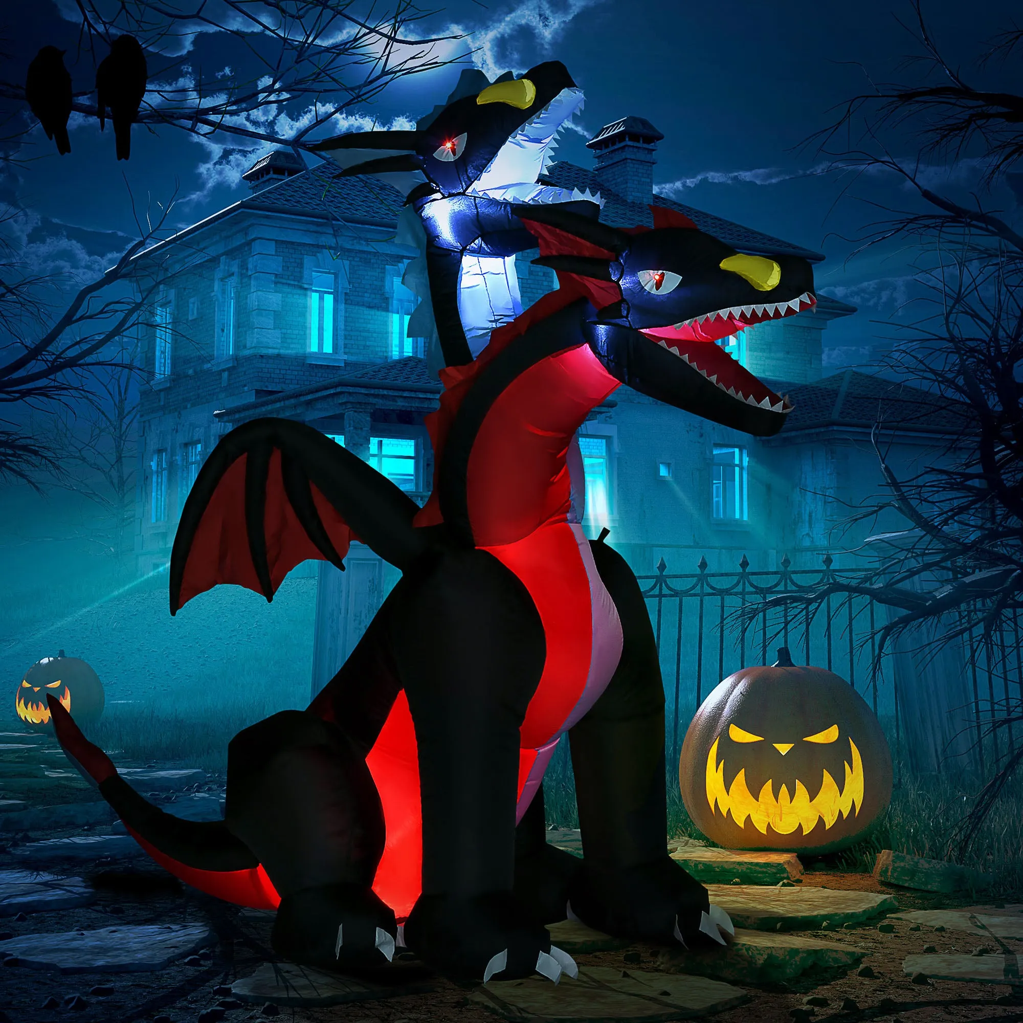 7FT Blow Up Tall Halloween Inflatable Dragon with 2 Heads and LED Lights