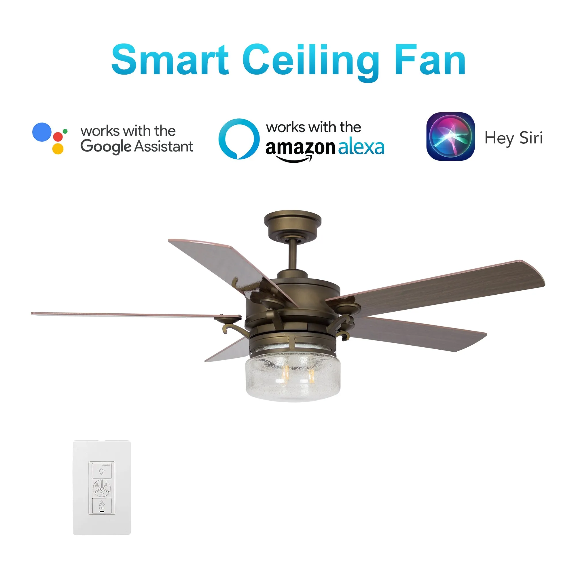 ALEXIA 52 inch 5-Blade Smart Ceiling Fan & Wall Switch- Oil Rubbed Bronze/Dark Wood & Cherry Wood (Reversible Blades)