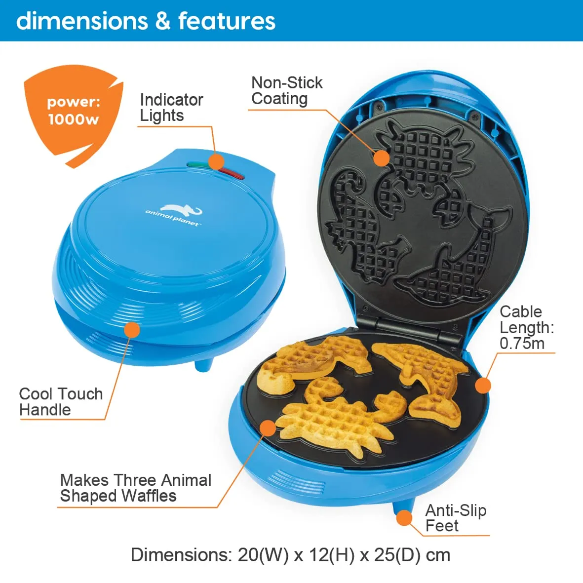 Animal Planet Waffle Makers / 3 in 1 Animal Shaped Waffle Iron/Cool Touch Handle/Non-Stick Coating/Cord Storage/Anti-Slip Feet (Sea Life)