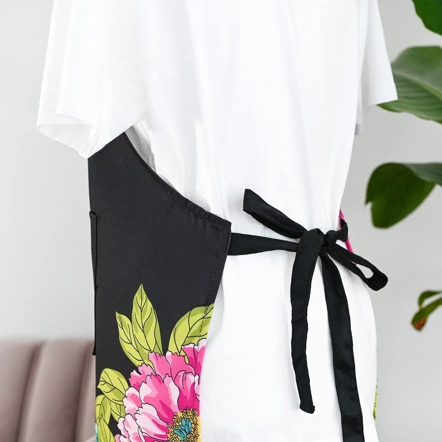 Artsy Apron: Pink & Aqua Billowing Peonies - Black