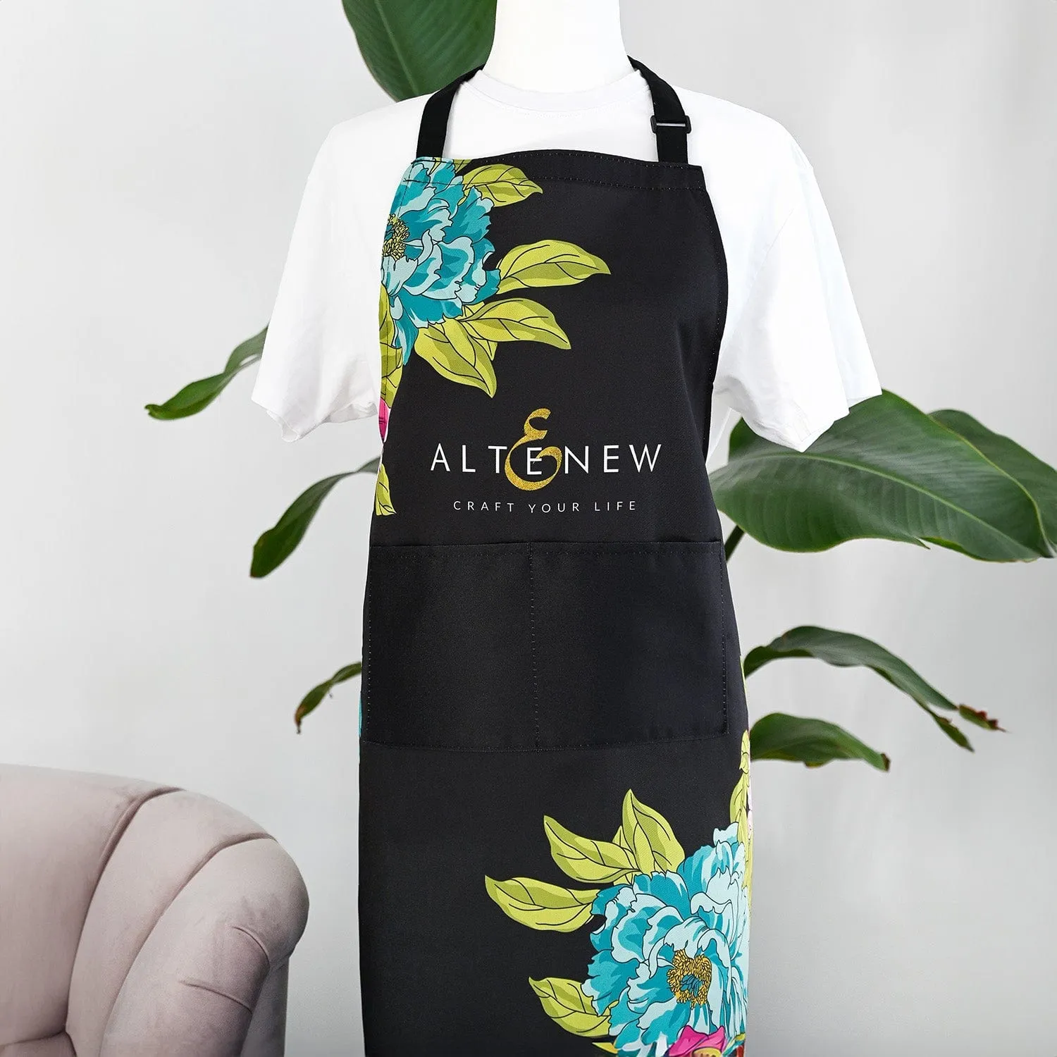 Artsy Apron: Pink & Aqua Billowing Peonies - Black