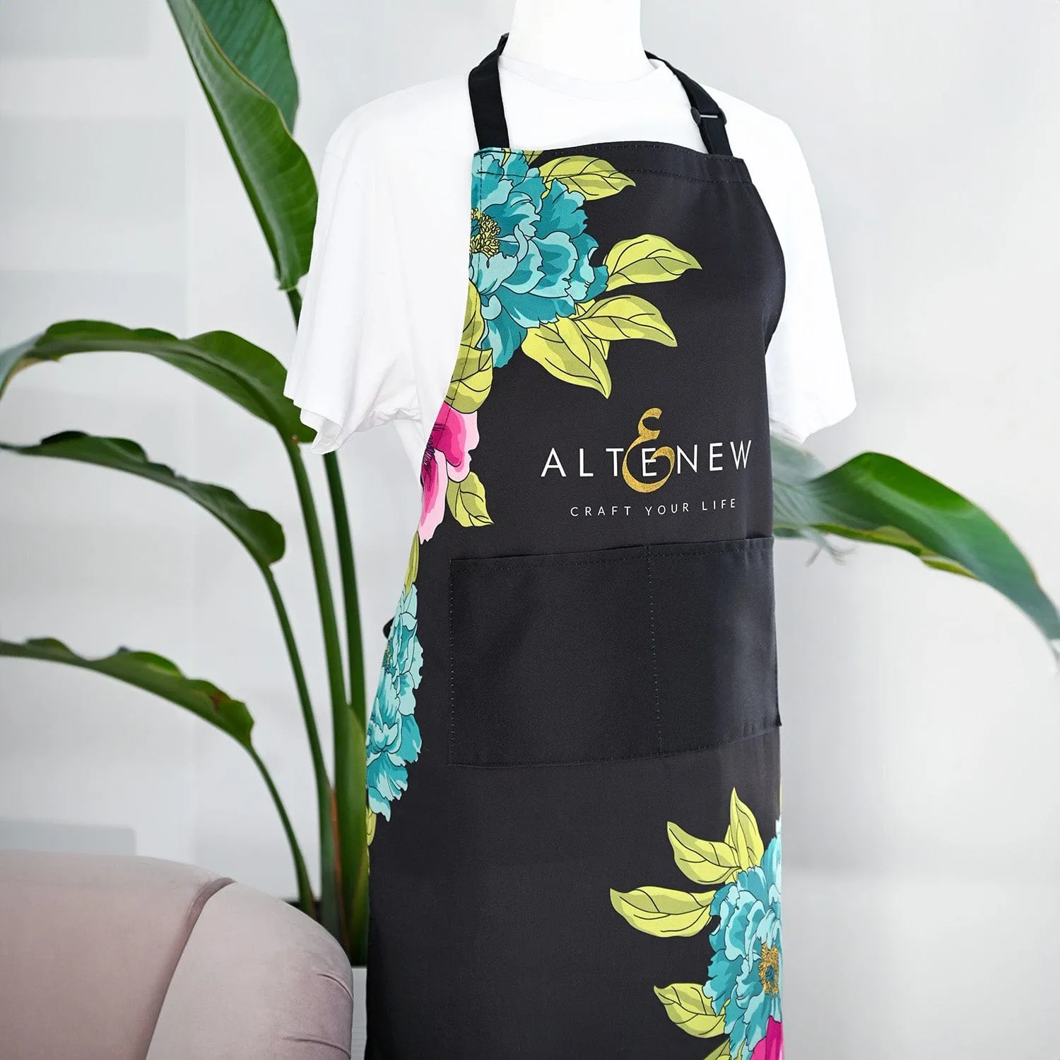 Artsy Apron: Pink & Aqua Billowing Peonies - Black