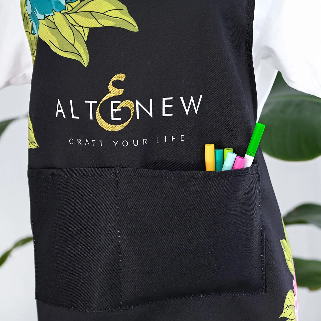 Artsy Apron: Pink & Aqua Billowing Peonies - Black