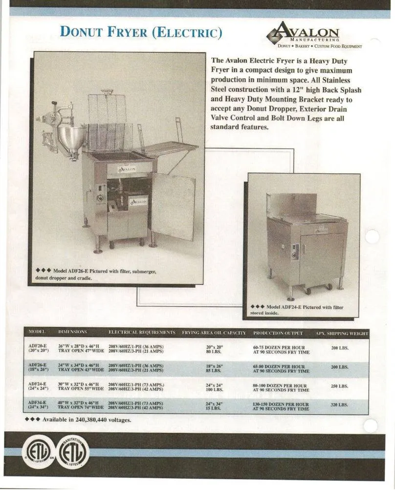 Avalon Donut Fryer 20" X 20", Electric (1 phase), Right Side Drain Board with Sub-merger Screen (ADF20-E)