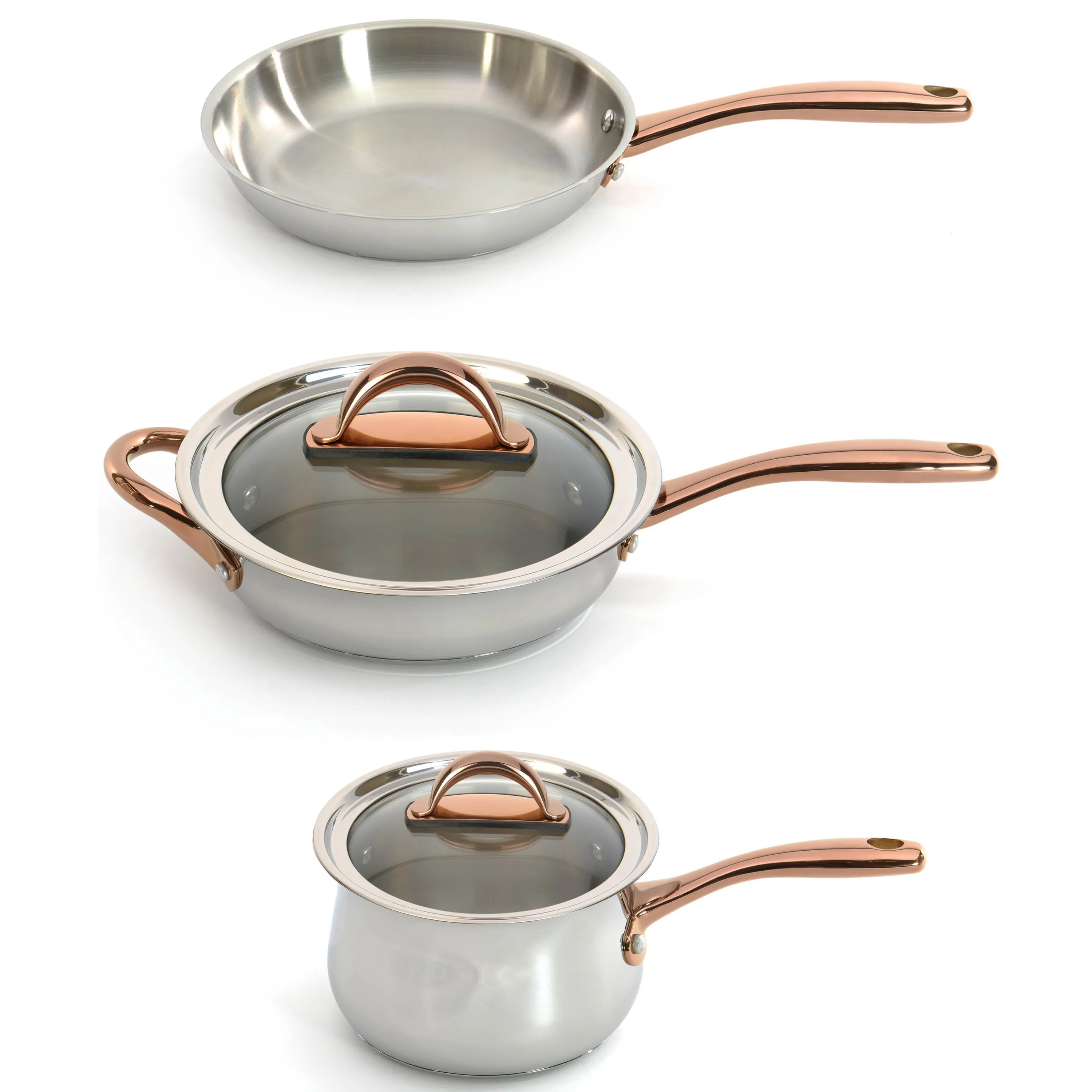 BergHOFF Ouro Gold 5pc 18/10 Stainless Steel Starter Set, Glass Lids, Rose Gold Handles