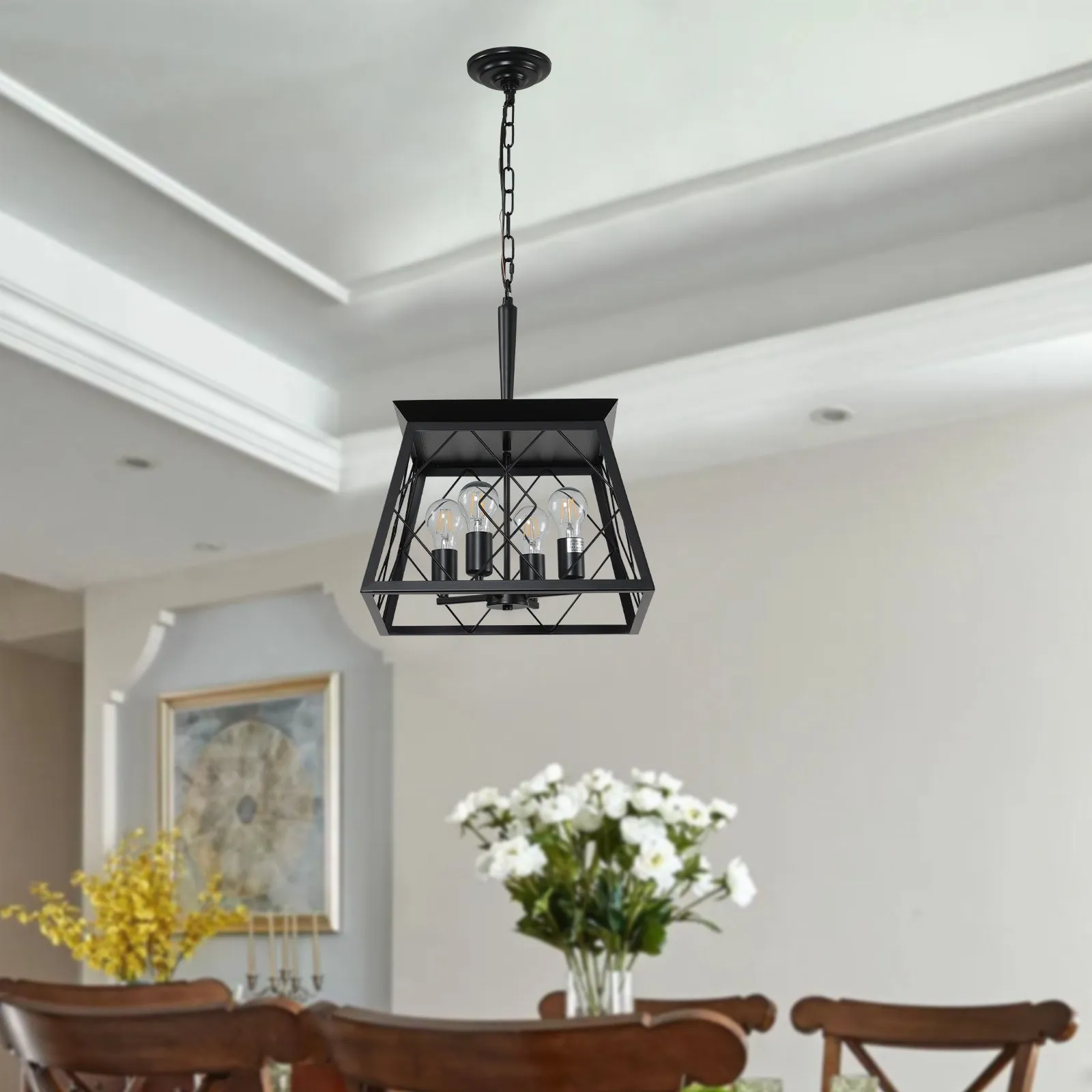 Black Farmhouse Lantern Chandelier Dining Room Vintage Chain Chandelier (No Bulbs)