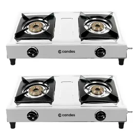 Candes Stainless Steel Gas Stove 2 Burners With Premium Die Cast Alloy | Pack of 2 | Tornado Burner | Nylon Ergonomics Knob | LPG Compatible | ISI Certified | 1 Yr Warranty | Rectangular Body | Silver