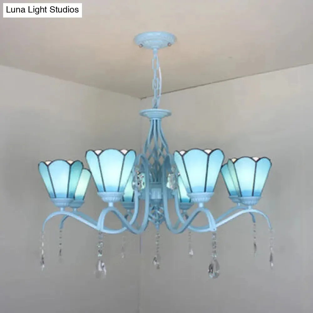 Clear Crystal Tiffany Stained Glass Cone Chandelier with 8 Hanging Lights in Blue/White/Clear