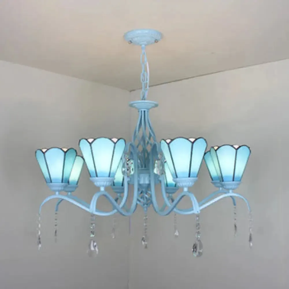 Clear Crystal Tiffany Stained Glass Cone Chandelier with 8 Hanging Lights in Blue/White/Clear