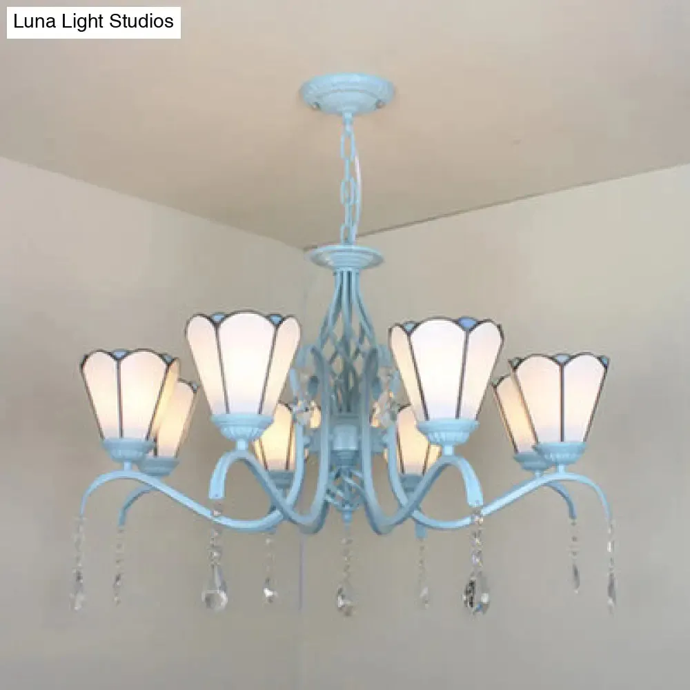 Clear Crystal Tiffany Stained Glass Cone Chandelier with 8 Hanging Lights in Blue/White/Clear