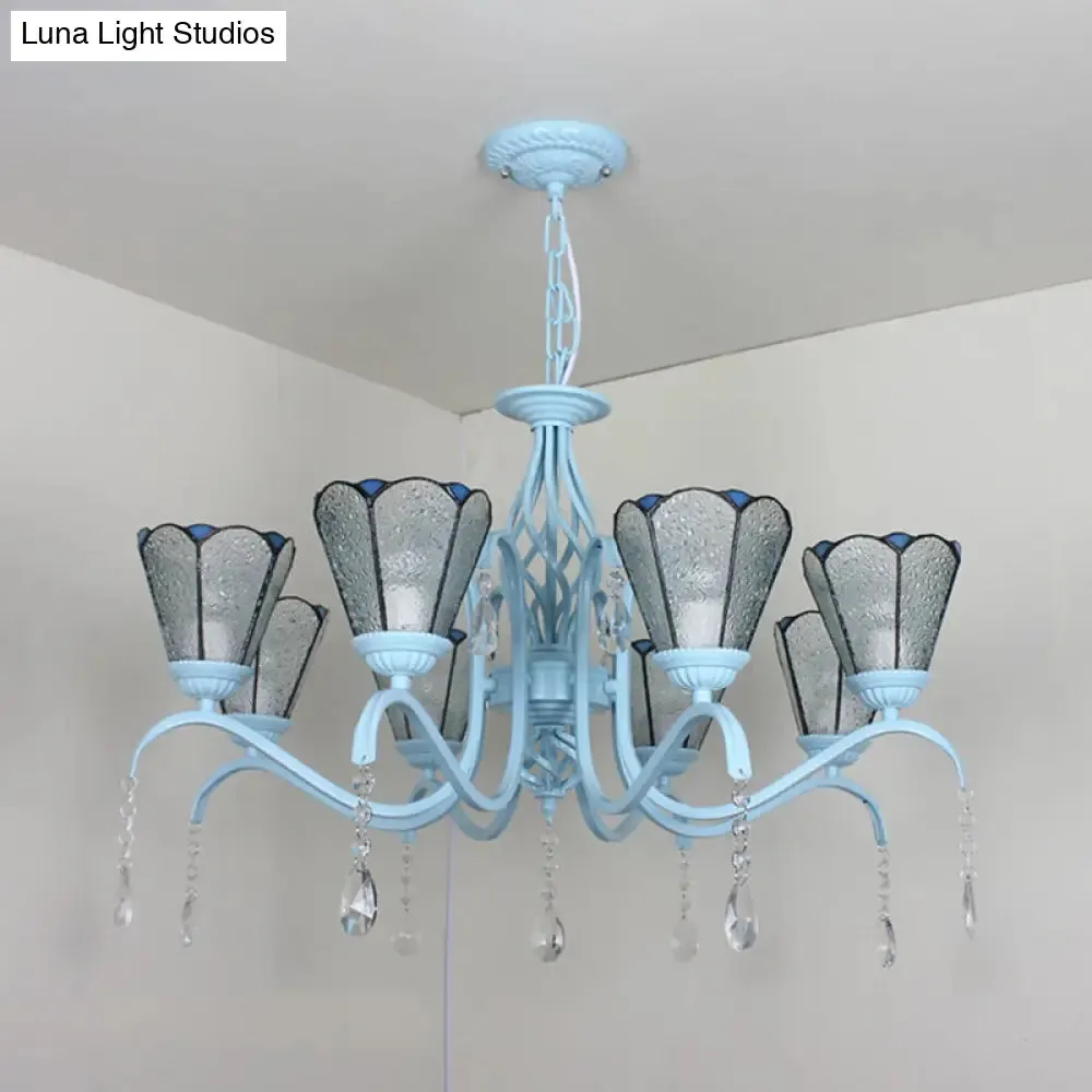 Clear Crystal Tiffany Stained Glass Cone Chandelier with 8 Hanging Lights in Blue/White/Clear