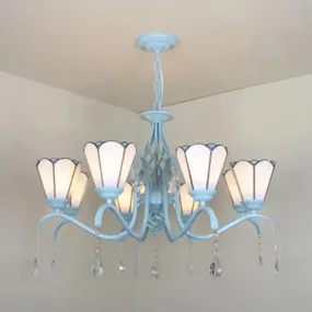 Clear Crystal Tiffany Stained Glass Cone Chandelier with 8 Hanging Lights in Blue/White/Clear