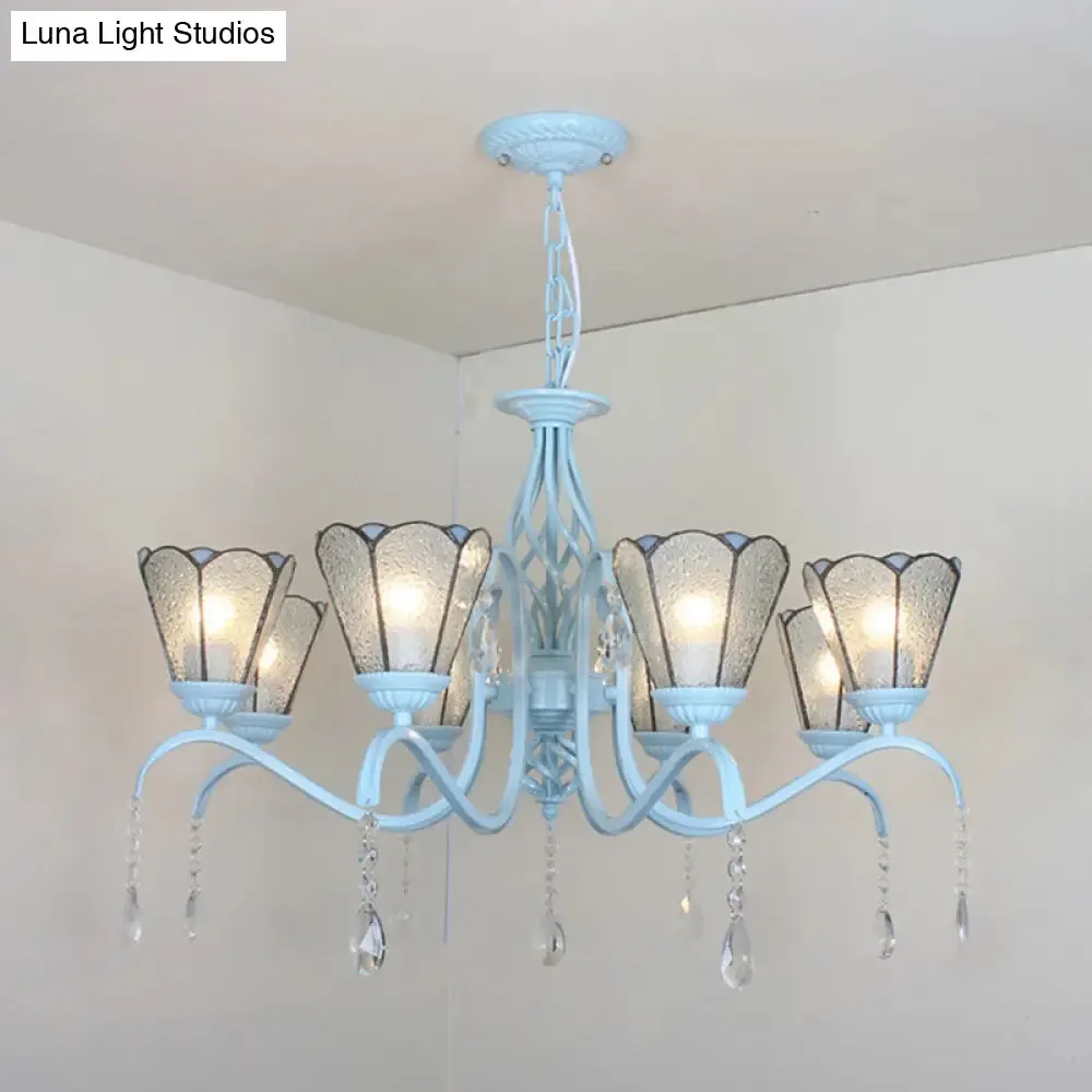 Clear Crystal Tiffany Stained Glass Cone Chandelier with 8 Hanging Lights in Blue/White/Clear