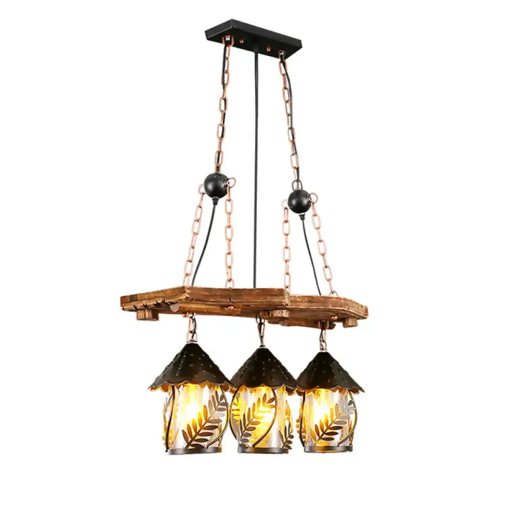 Clear Glass Nautical Lantern Chandelier with Wood Leaf Pattern Pendant Light