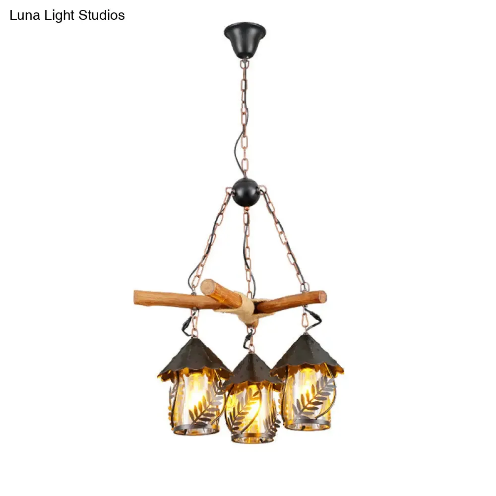 Clear Glass Nautical Lantern Chandelier with Wood Leaf Pattern Pendant Light