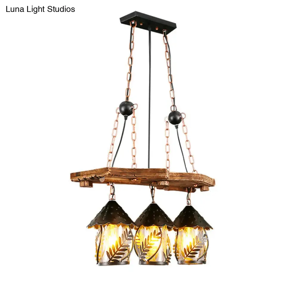 Clear Glass Nautical Lantern Chandelier with Wood Leaf Pattern Pendant Light