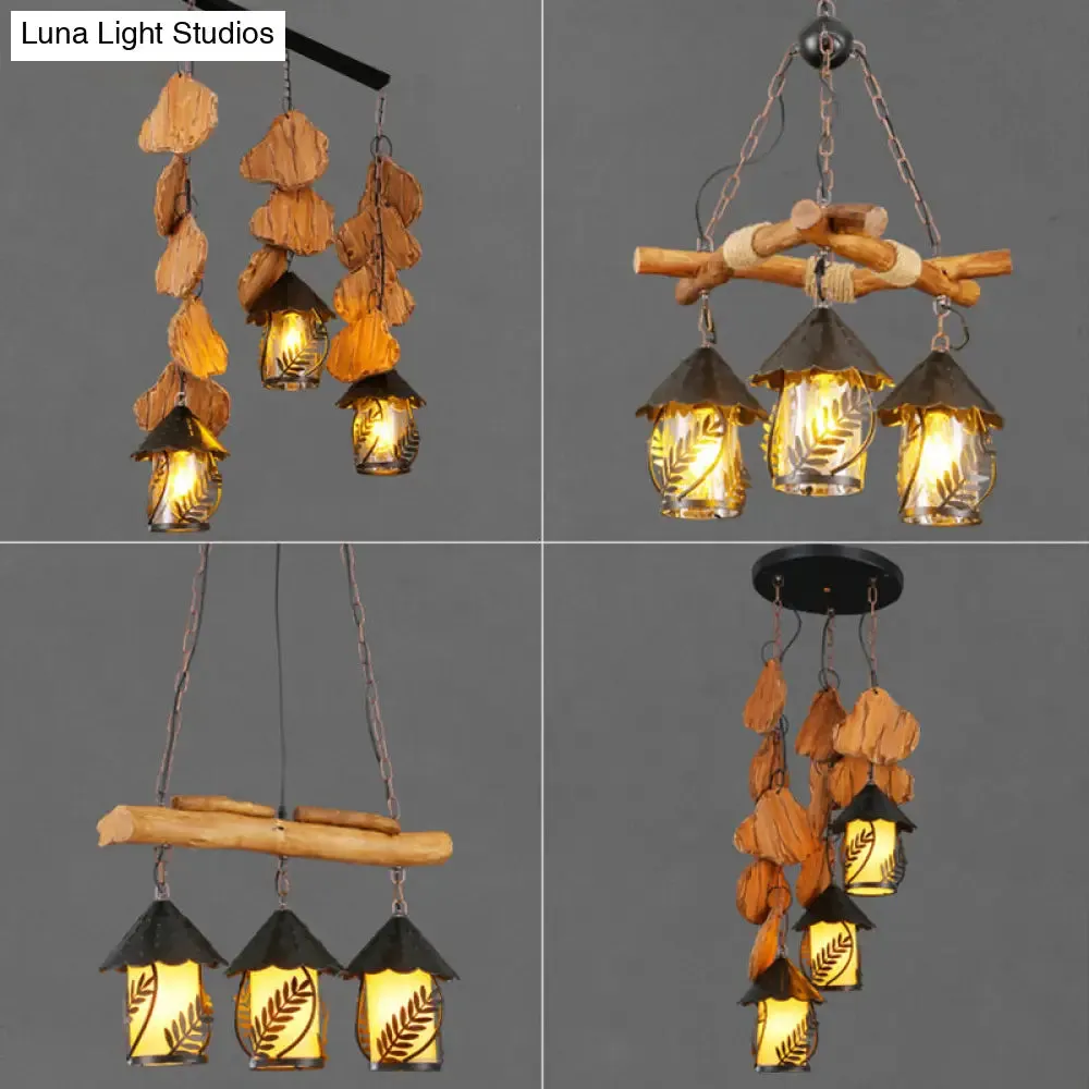 Clear Glass Nautical Lantern Chandelier with Wood Leaf Pattern Pendant Light