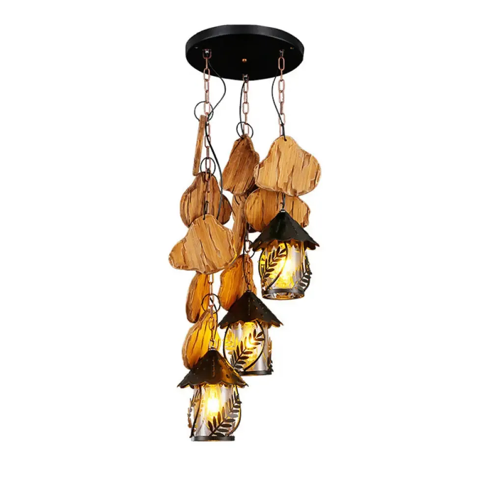 Clear Glass Nautical Lantern Chandelier with Wood Leaf Pattern Pendant Light