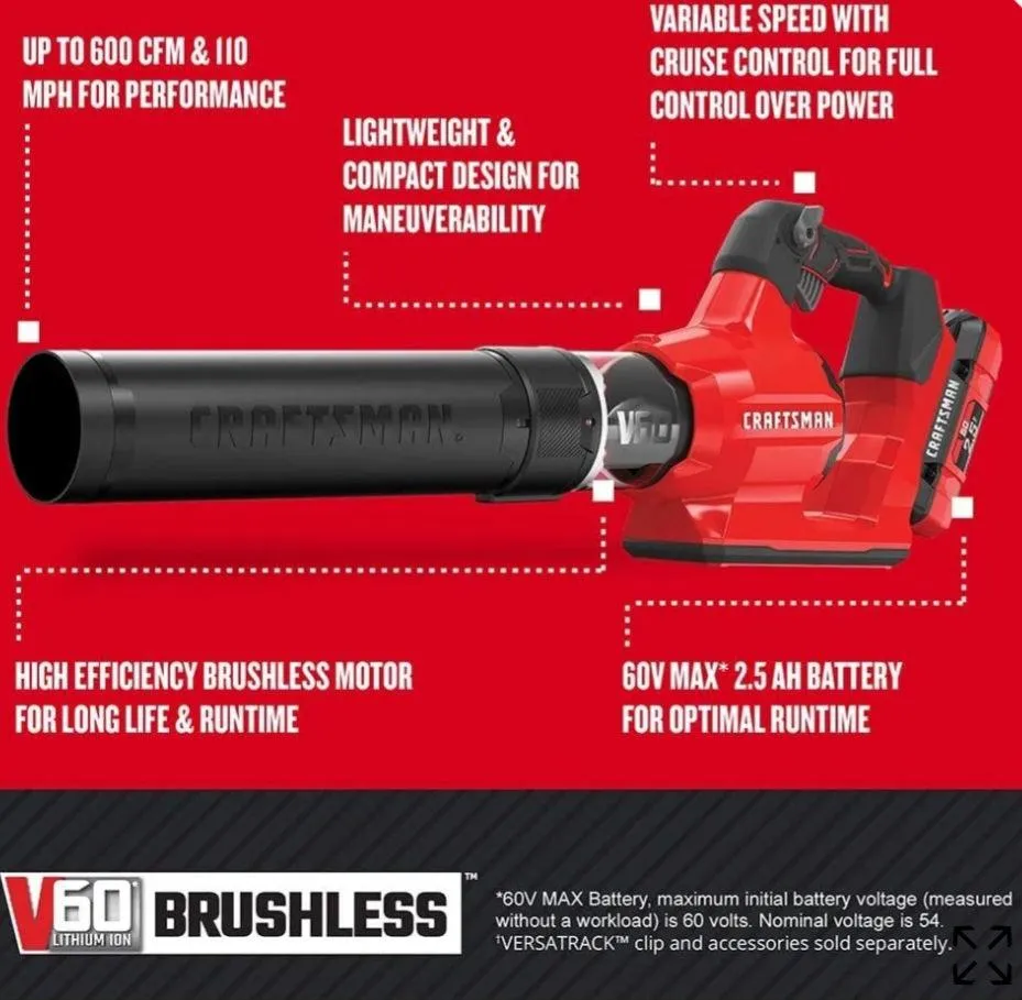 Craftman V60 Brushless Cordless Axial Leaf Blower Kit (2.5Ah)