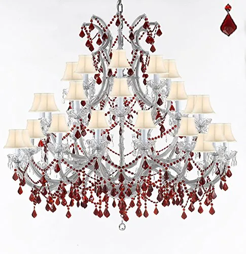 Crystal Chandelier Lighting Chandeliers H49" W52" Dressed with Ruby Red Crystals! Great for the Foyer, Entry Way, Living Room, Family Room and More! w/White Shades - A83-B2/WHITESHADES/SILVER/756/36 1 RED