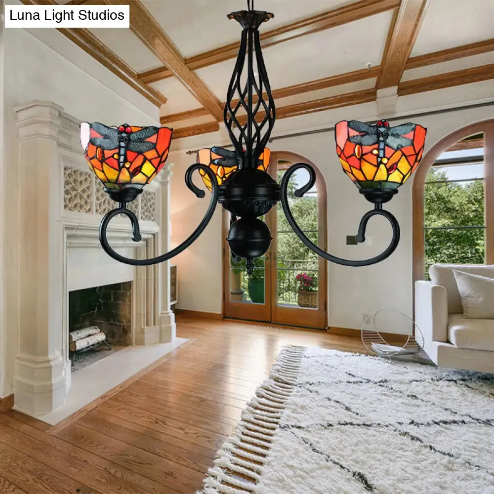 Dragonfly Stained Glass Suspension Light: Lodge Style Multi-Color Chandelier for Foyer