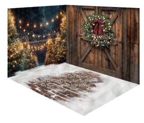 Fabric Room Magic at the Tree Farm   Holly Jolly Barn Doors Lights   Jolly Brown Brick Path