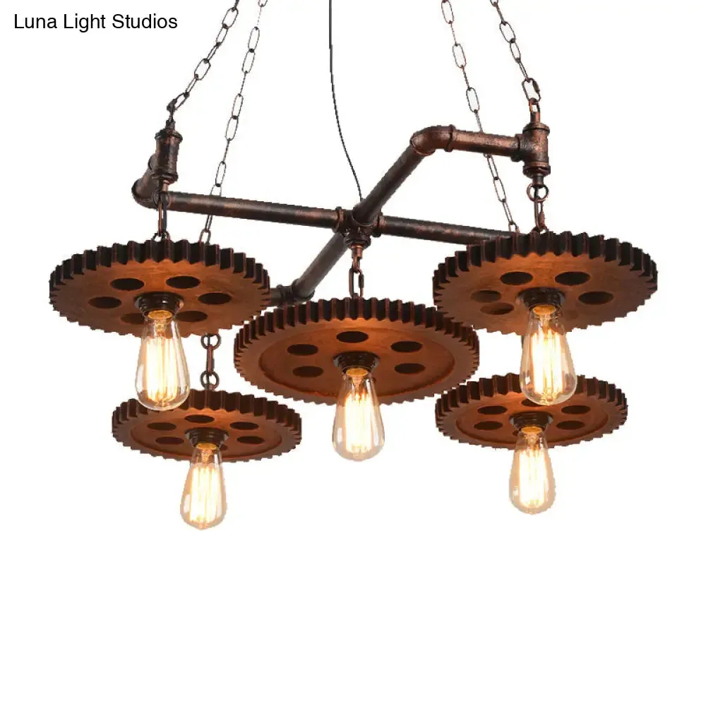 Farmhouse Bronze Metal Chandelier - 5 Lights Open Bulb Hanging Light Kit for Restaurants